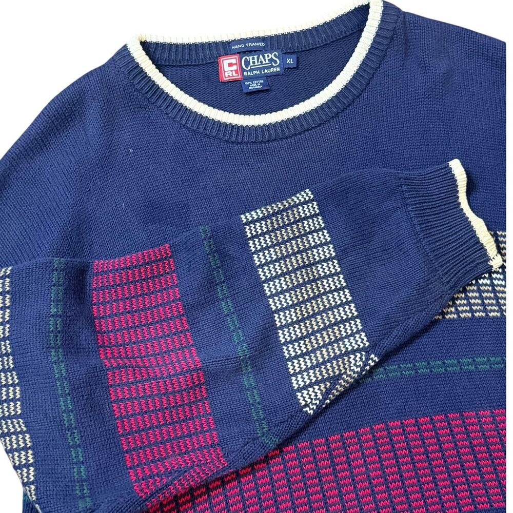 Vintage 90s Chaps Ralph Lauren Hand Framed Cotton Knit Sweater Men XL Navy Red